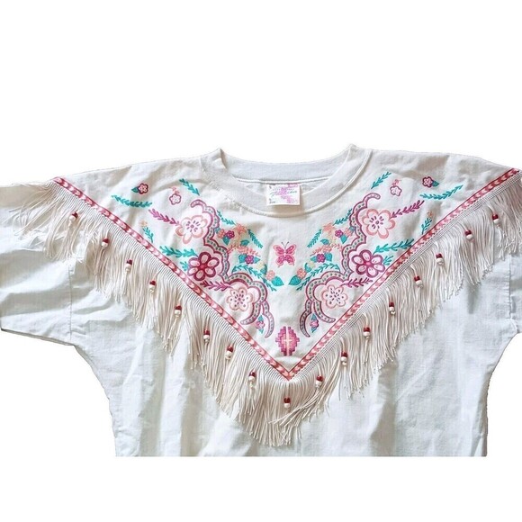 Hazelwood Southwestern Fashion Shirt Size Large Cream Made In USA Cowgirl Fringe - Picture 3 of 8